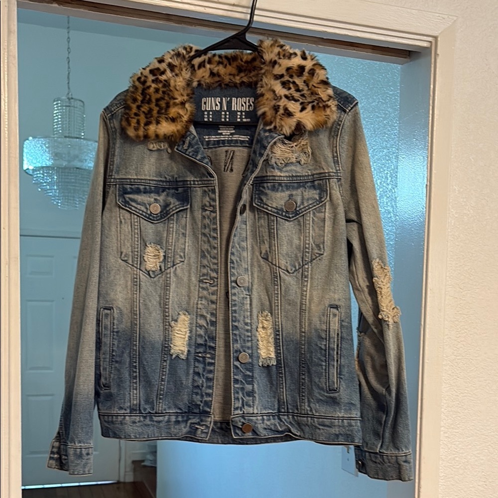 Forever 21 Blue Jean Jacket with Leopard Print Collar